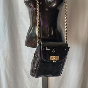Vintage Lord and Taylor Black Patent Leather Crossbody Gold Chain